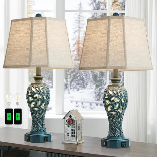 Vista 15 de Lámpara de mesa de granja de 25 pulgadas para sala de estar y dormitorio, lámpara de noche de diseño rústico vintage con 2 puertos USB y luz