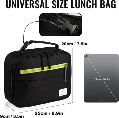 Vista 3 de Genteen Lonchera para niños, bolsa de almuerzo aislada para niños y niñas, para volver a la escuela, lonchera suave para hombres, lonchera 1PK negro