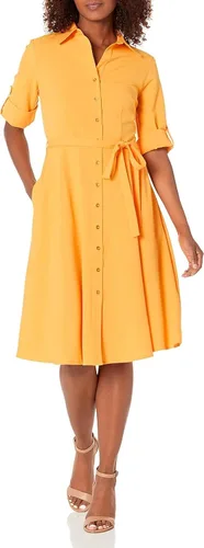 Vista 23 de Sharagano Vestido camisero plisado para mujer, manga 3/4, cuello en V, botones dorados Acacia
