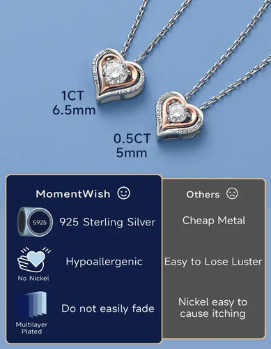 Vista 29 de MomentWish Collar de corazón para mujer, moissanita, diamante de imitación, plata de ley 925