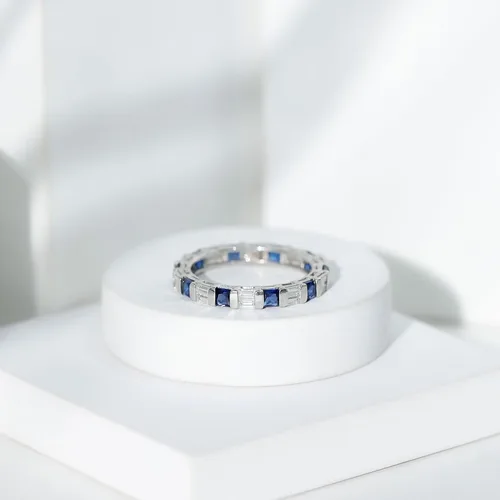 Vista 5 de Certified Lab Grown Blue Sapphire Eternity Band, AAAA Quality, Sapphire Moissanite Anniversary Ring - Ready To Gift