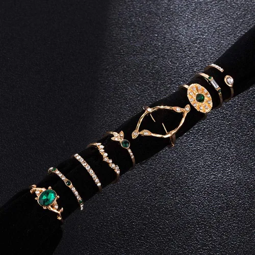 Vista 6 de YERTTER Juego de 9 anillos de oro vintage para hombre con piedras preciosas verdes, anhelados, nudillos articulados, anillos medios para mujer