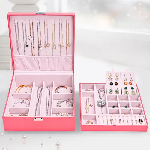 Vista 8 de Joyero para mujeres, niñas, novia, esposa, organizador de joyas de cuero grande, estuche de almacenamiento con dos capas para aretes, pulseras