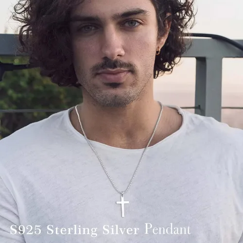 Vista 2 de Ursteel 925 Sterling Silver Cross Pendant Cross Necklace for Men, Mens Cross Necklace 18K Gold Black Silver Chain Necklace for Men Women Girls 16 18