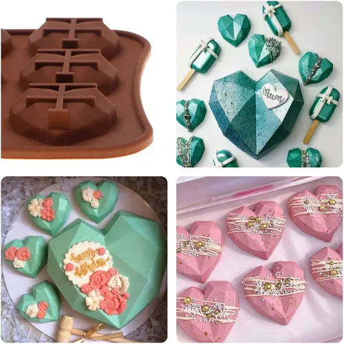 Vista 6 de Moldes de silicona para chocolate pequeños con forma de corazón de diamante, 4 paquetes (4 x 15 cavidades), para hornear bombas de chocolate, mini
