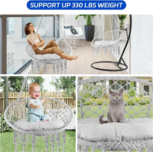 Vista 6 de Silla hamaca de macramé, silla colgante tejida a mano con cuerda de algodón de 330 libras de capacidad, hamaca con borlas de macramé para soporte