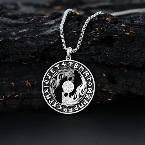 Vista 5 de Collar vikingo para hombre, plata de ley 925, lobo vikingo, martillo de Thors, vegvisir, árbol de la vida, brújula, colgante nórdico, amuleto