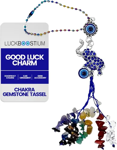 Vista 9 de LUCKBOOSTIUM Llavero de elefante y 7 chakras colgantes con borlas y piedras preciosas contra el mal de ojo – Llavero contra el mal de ojo