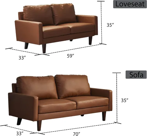 Vista 3 de INSTORY Sofá de dos plazas de cuero cómodo sofá moderno con patas de madera para sala de estar, oficina - marrón