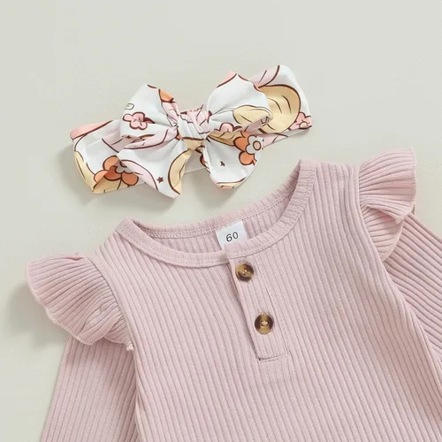 Vista 3 de Ropa de Halloween para bebé recién nacida, manga larga, mameluco, pantalones de campana, diadema, trajes de otoño para bebé