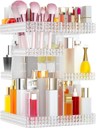 Vista 11 de Organizador de maquillaje giratorio, vitrina de cosméticos de gran capacidad, organizador acrílico para el cuidado de la piel con soporte