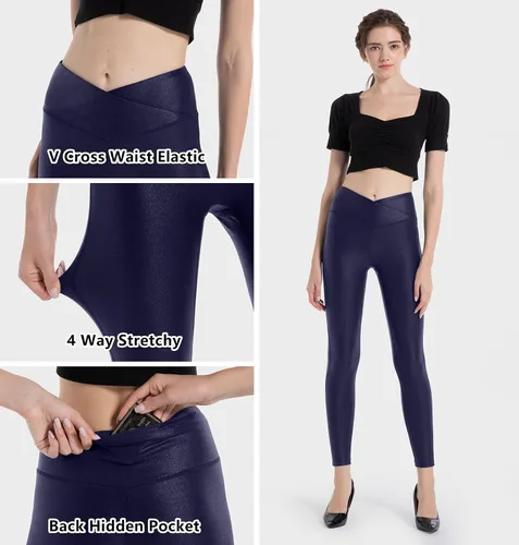 Vista 5 de HARTPOR Leggings de piel sintética para mujer, elásticos, de cintura alta, brillantes, pantalones de cuero, leggings de piel de piel sintética