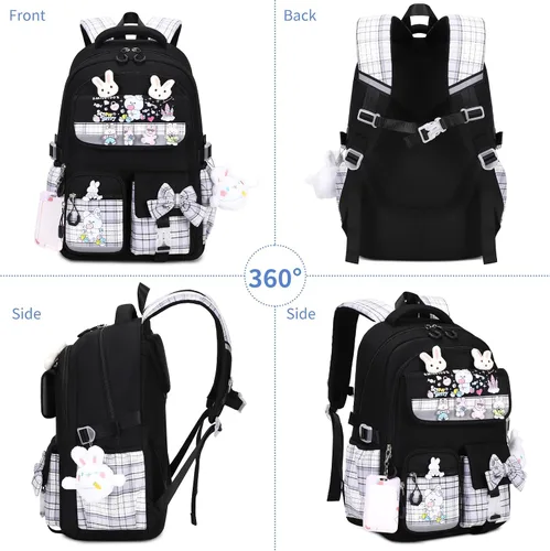 Vista 7 de Linda mochila para niñas, mochila escolar para niñas, mochila para niños y escuela primaria, Negro -, Grande, Mochila para niñas