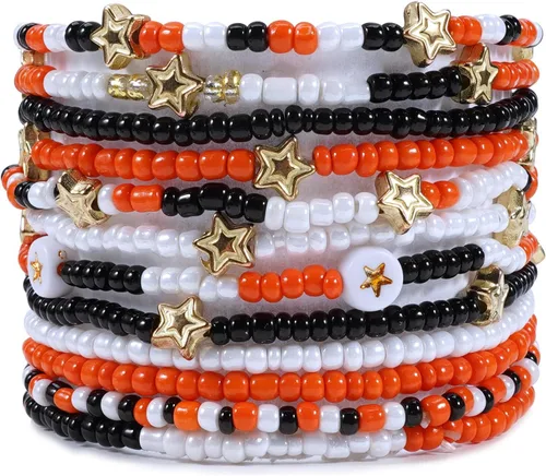 Vista 26 de Ardorchid Pulseras de Halloween para Mujeres Calabaza Fantasma Esqueleto Murciélago Calavera con Cuentas Apilables Elásticas Rugby Acción de Gracias