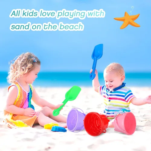 Vista 5 de Didaey Juego de 6 cubos de arena y palas de playa, incluye cubo de arena de 6 colores con diseño de castillo en el interior y palas para fiestas