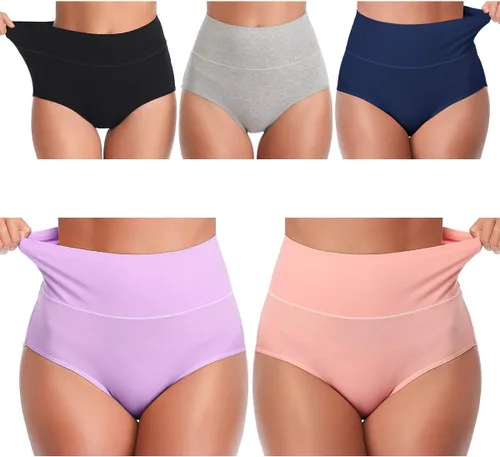 Vista 13 de UMMISS - Ropa interior de algodón de cintura alta para mujer, cobertura completa, suave, cómoda, multipack de braguitas Negro-gris-total