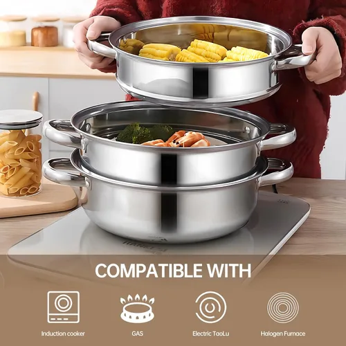 Vista 5 de Olla de vapor de acero inoxidable de 3 niveles con tapa, ollas de vapor multiusos para cocinar, juego de vapor de verduras y albóndigas con asas