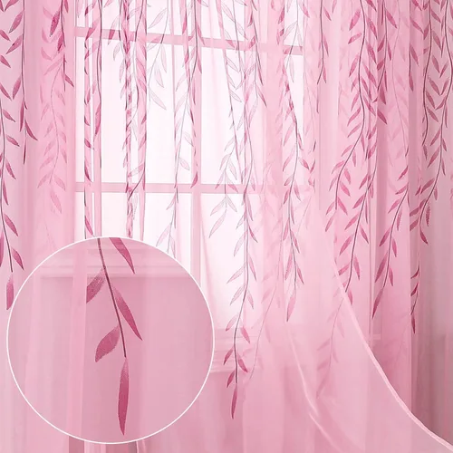 Vista 11 de BROSHAN Cortinas transparentes con diseño de bolsillo para ventana, bonito panel de cortina de vid con estampado de hojas, paneles de cortina