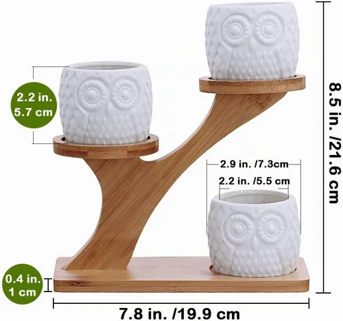 Vista 6 de 3 piezas Macetas para Suculentas de Búho con Soporte de Platillos de Bambú de 3 Niveles - Maceta Decorativa Moderna de Cerámica Blanca con Drenaje