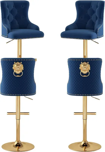 Vista 26 de Juego de 2 taburetes de bar de terciopelo, altura ajustable, base de metal dorado, beige Diseño de cabeza de clavo, función giratoria, ideal