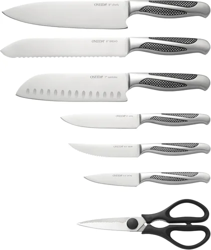 Vista 2 de Oneida Crosshatch - Juego de cuchillos de cocina con bloque (14 piezas) stainless steel, polished finish includes 6 steak knives precise