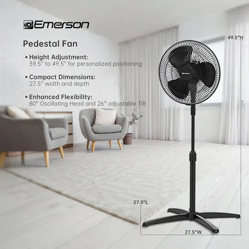 Vista 7 de Emerson FAO1605 Ventilador de pedestal oscilante portátil de 85.5 grados, 3 ajustes de velocidad con inclinación ajustable y altura ajustable