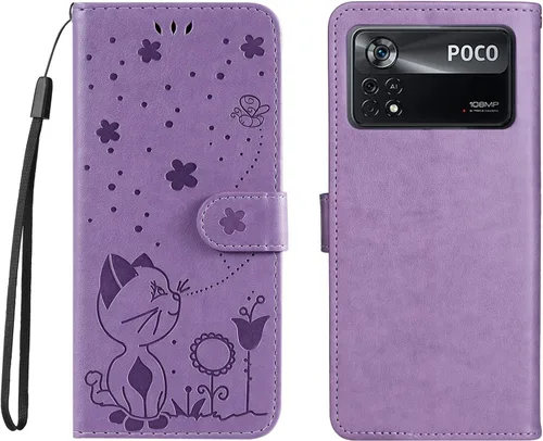 Vista 10 de Funda para Xiaomi Poco X4 Pro 5G, diseño de estampado de gatos y abejas, funda de cuero de primera calidad, cierre magnético