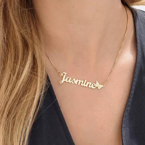 Vista 5 de MYKA - Collar con nombre personalizado con dije de mariposa - Colgante personalizado - Metales preciosos plata de ley 925 y chapado en oro de 18