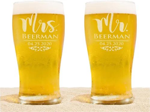 Vista 3 de Juego de 2 vasos de cerveza grabados personalizados con texto en inglés "Mr Mrs", 50 aniversario de boda, papá, mamá, novia, novio, pronto para ser