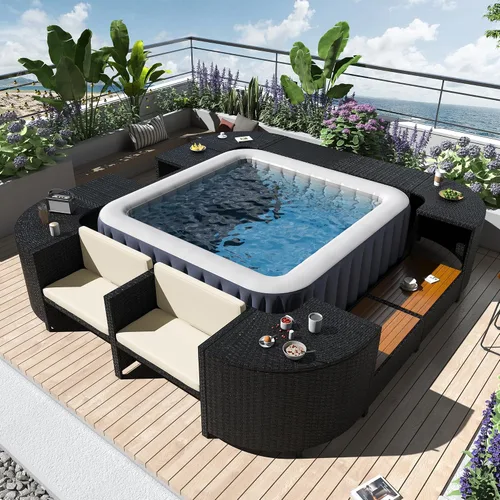 Vista 10 de P PURLOVE Spa Surround, juego de sofá cuadrilátero de ratán para patio Gris