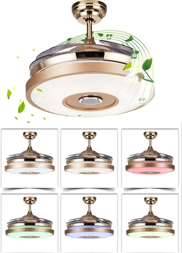 Vista 6 de Fandian Ventiladores de techo inteligentes modernos de 36 pulgadas con luz, candelabros con altavoz Bluetooth, 7 colores retráctiles con control