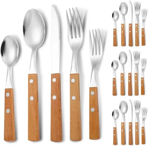 Vista 8 de Juego de 20 cubiertos de acero inoxidable con mango de madera maciza para 4 personas, cuchillo para carne, cuchara de postre (oscuro)