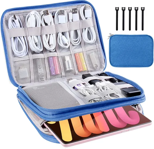 Vista 11 de Organizador de artículos electrónicos, estuche de viaje, organizador de cables, accesorios de viaje, esenciales para mujeres y hombres, bolsa A-Negro