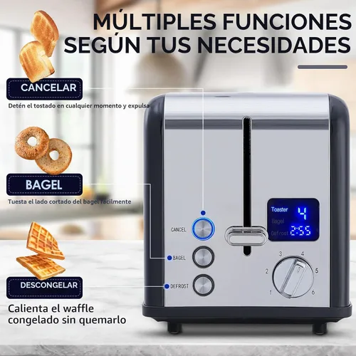 Vista 6 de CUSIMAX Tostadora de acero inoxidable de 2 rebanadas con pantalla LED grande, ranuras extra anchas de 1.5 pulgadas, 6 ajustes de tostado, función