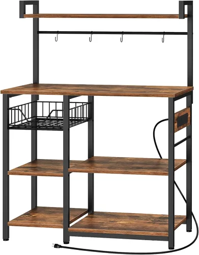 Vista 10 de HOOBRO Estante de Panadero de Cocina con Toma de Corriente, Barra de Café, Soporte para Horno de Microondas con Canasta de Malla, Estación de Café