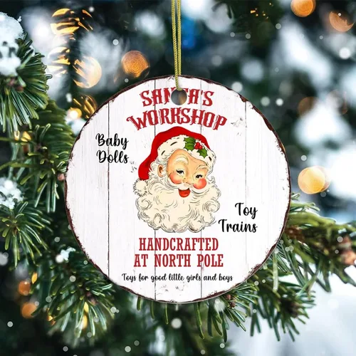 Vista 2 de Adornos de recuerdo de Navidad, taller de Papá Noel, adorno de cerámica, adornos de regalo de grano de madera, adornos colgantes para árbol