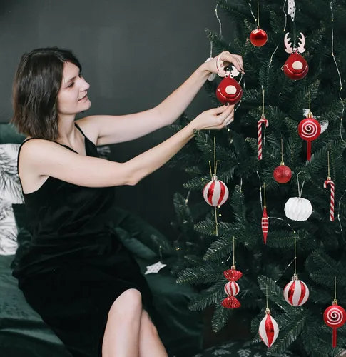 Vista 6 de 24 adornos de bolas navideñas para árbol, bastones de caramelo con alces navideños, bolas colgantes para árbol de Navidad, bolas decorativas