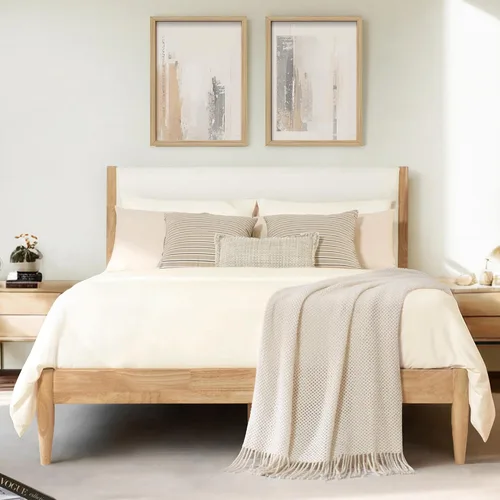 Vista 14 de KISLOT Marco de cama de madera con cabecera tapizada, marrón, tamaño Queen