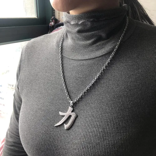Vista 6 de Wchama Collar con símbolo kanji de fuerza japonesa, dije de buena suerte, dije de acero inoxidable, joyería japonesa para mujeres y hombres
