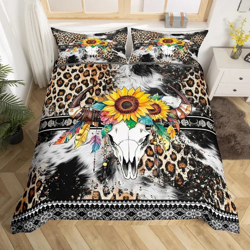 Vista 32 de Erosebridal Funda de edredón de piel de vaca marrón con estampado de vaca de las tierras altas, juego de ropa de cama occidental exótico azteca