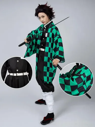 Vista 2 de Cosfun Kamado Tanjirou Cosplay traje Kimono trajes con capa disfraz de Halloween mp005092