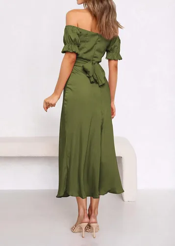 Vista 6 de KIRUNDO Vestido midi de satén para mujer, con hombros descubiertos, fruncido, fruncido, para boda, fiesta, cóctel, formal, 2023