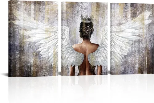 Vista 7 de OuElegent Lienzo decorativo para pared, diseño de alas de ángel doradas y negras, arte contemporáneo con corona, para sala de estar, dormitorio