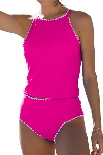 Vista 7 de Beachsissi Conjunto de tankini con cuello redondo y ribete blanco para mujer Negro