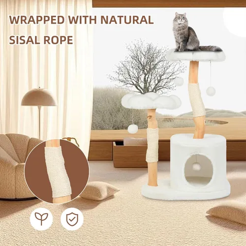 Vista 3 de Bonita torre de árbol para gatos de interior y adultos, árboles de madera con 6 pompones, moderna torre de árbol para gatos con poste rascador