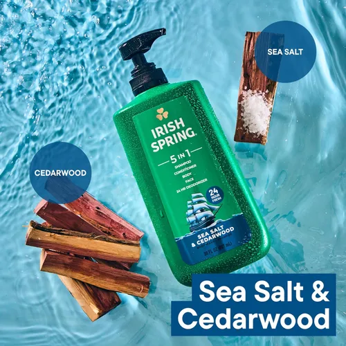 Vista 4 de Irish Spring Gel de baño hidratante 5 en 1 para hombres, champú, acondicionador, lavado corporal y facial, y desodorante 24 horas, sin parabenos