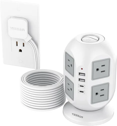 Vista 10 de Regleta de alimentación con protector de sobretensión TESSAN, torre, cable de extensión plano de 10 pies con múltiples tomas, 8 salidas de CA, 4