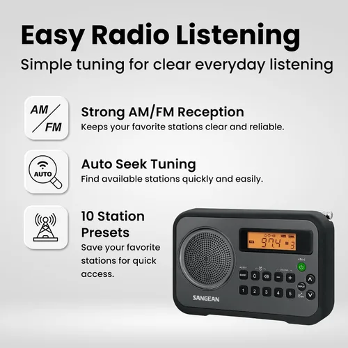 Vista 9 de Sangean PR-D18BK Radio digital portátil AM/FM/con parachoques protector (gris/negro) negro/gris