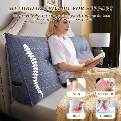 Vista 5 de Almohada de Cuña para Cabecero de Cama, Almohada de Cabecero Twin para Dormitorio para Sentarse, Leer, Relajarse, Almohada de Respaldo con Funda Azul