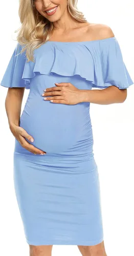 Vista 3 de AONESX Vestido de maternidad ajustado con volantes y hombros descubiertos, vestido de embarazo formal para baby showerfotografía